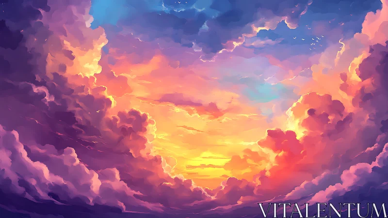 Digital painting sunset sky with luminous cloud architecture.