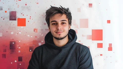 Calm young man smiles softly against bold red digital blocks