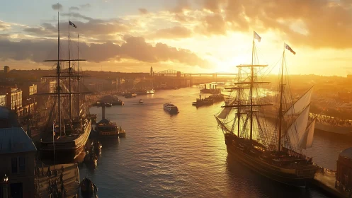 Golden hour tall ships glide through a bustling historic harbor