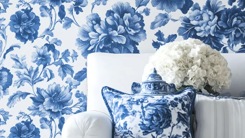 Blue floral wallpaper and coordinated white seating arrangement