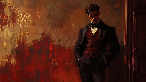 Man in formal attire against abstract red textured wall.