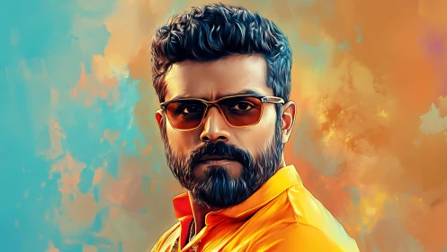 Bold portrait in warm oranges and cool teal glow.