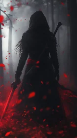 Digital painting of hooded swordbearer in bloodlit forest.