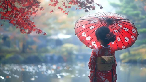 Crimson umbrella listens quietly to autumn’s glassy pond