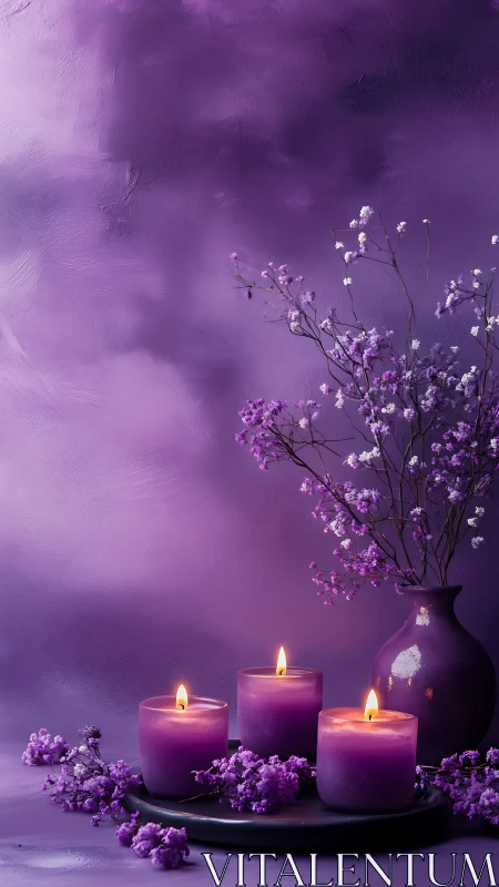Purple candles with flowers on dark surface under violet backdrop.
