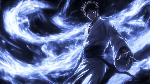 Anime warrior in robe controls swirling blue energy waves