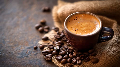 Dark ceramic cup of espresso with scattered coffee beans.
