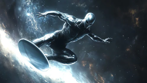 Chrome cosmic surfer cuts through luminous stellar currents.