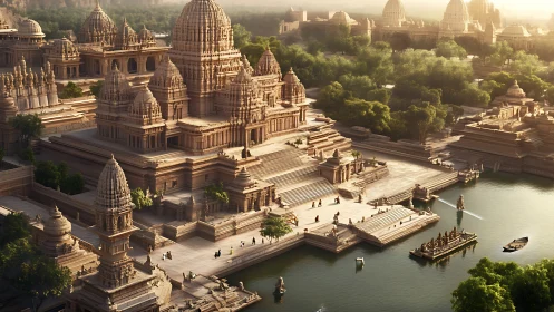 Digital painting of stepped riverfront temple complex at dusk.