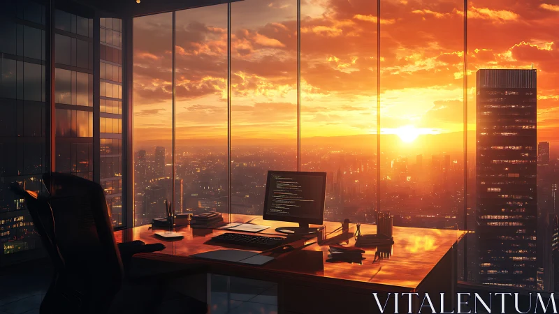 Sunlit city office where quiet code meets glowing sunset.