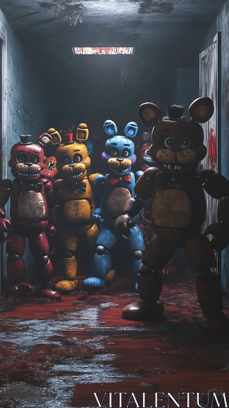 Animatronic mascots advance through gore-stained corridor in 3D