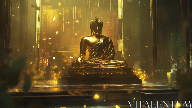 Golden Buddha statue in volumetric light within ornate temple hall