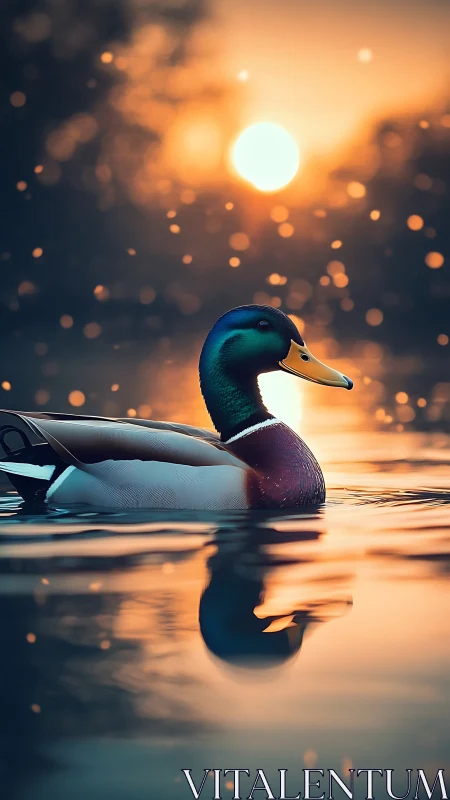 Golden sunset serenity with a quietly drifting duck.
