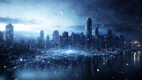 Futuristic cybernetic skyline renders data-infused waterfront night