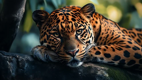 Resting jaguar portrait in moody low-key forest lighting.