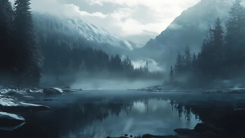 Gentle mist drifting over a quiet mountain forest lake.
