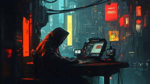 Solitary hooded hacker operates multi-screen rig in neon megacity