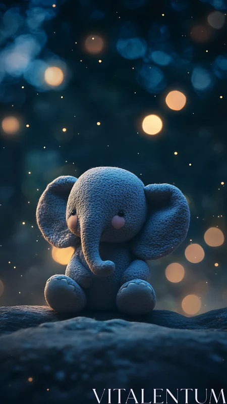 Soft toy elephant under dreamy glowing evening lights.