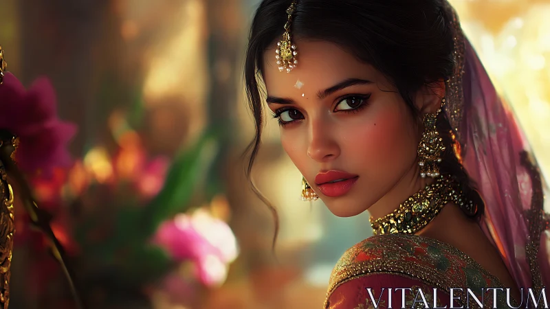 Digital portrait depicts woman in ornate traditional attire