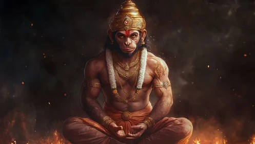 Hanuman warrior meditates amid embers and divine fire.