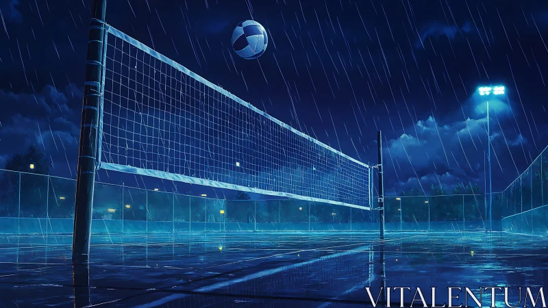 Midnight rain cradles a lone volleyball court in blue hush