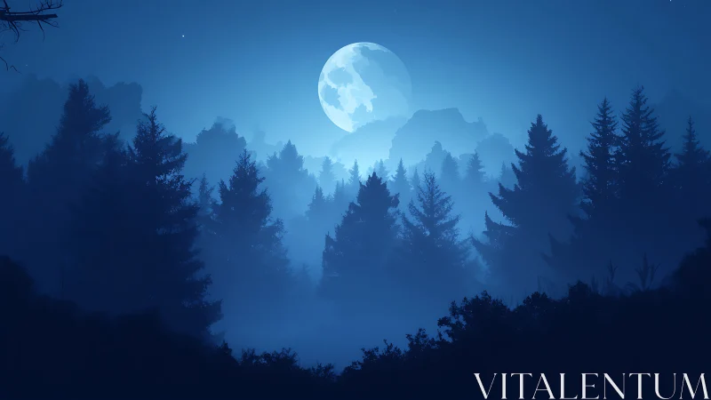Moonlit Forest Landscape. Full Moon Rises Over Misty Evergreen Wilderness.
