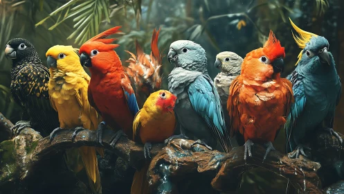 Vibrant Tropical Parrots Perched on Branch in Realistic Style.