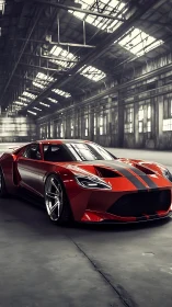 Red supercar stands poised in dramatic industrial warehouse.