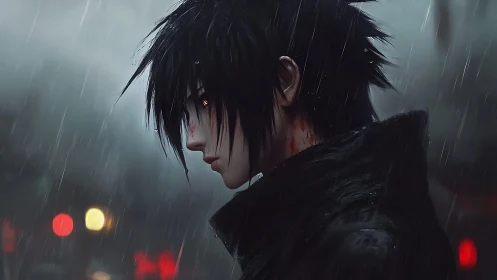 Profile view of dark-haired figure in rain-soaked city street.