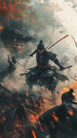 Samurai storm carve firelit paths through autumn battlefield.