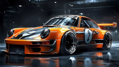 Orange racing coupe in wet urban garage environment at night.