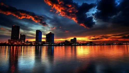 City skyline reflects vivid sunset over calm waterfront