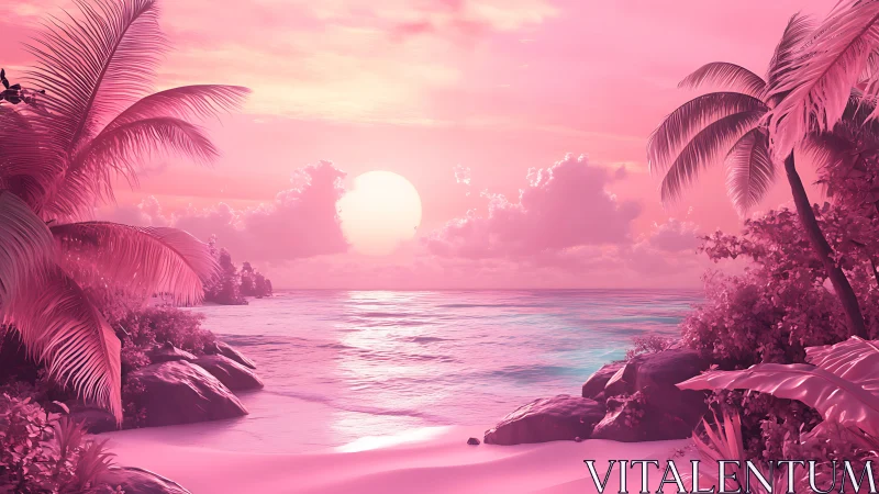 Tropical Paradise Sunset: Pink Ocean Seascape with Palm Fronds.