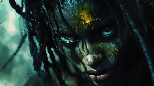 Warrior&rsquo;s painted stare cuts through teal shadowed mist.