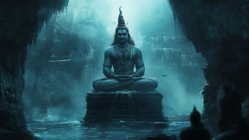 Mystic cave deity seated in tranquil cyan misted depths.