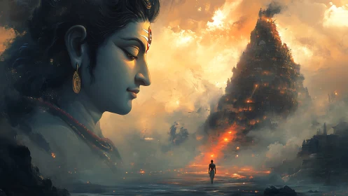 Colossal serene deity watches lone figure approach burning spire