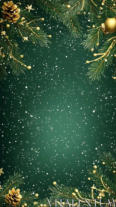 Green Christmas background with gold pine garlands.