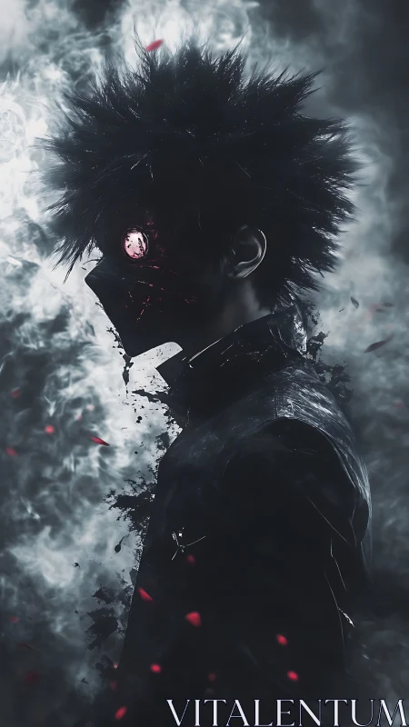 Side profile of masked figure with glowing eye in smoke