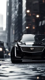 Black sedan is parked on wet urban street in front view