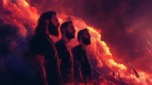 Three men stand united amid storm-lit crimson clouds