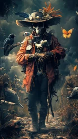 Bone-masked wanderer commands crows in stormlit marsh