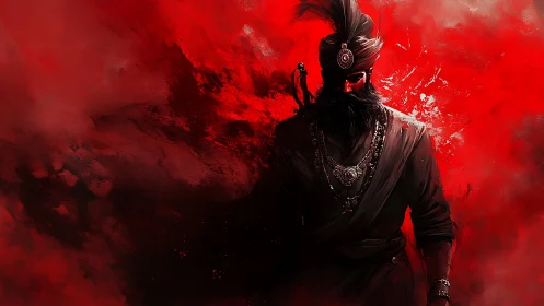 Crimson warrior prince emerging from swirling red storm.