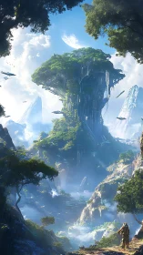 Floating Island Skyscape: Verdant Tower Among Clouds.