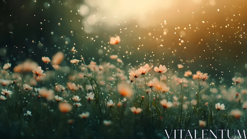 Wildflower field with backlit atmospheric bokeh effect