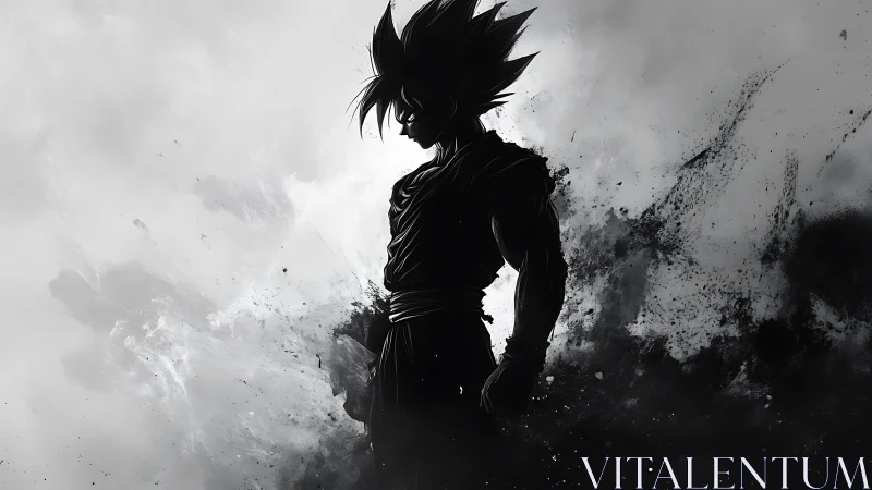 Silhouetted anime warrior in explosive monochrome storm.