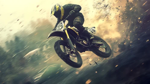 Motocross rider is captured mid-jump on dirt track