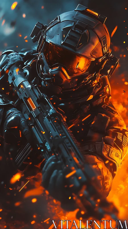 Armored sci fi soldier advancing through molten firestorm.