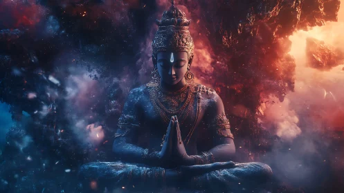 Meditating deity statue amid blue and orange cosmic clouds.