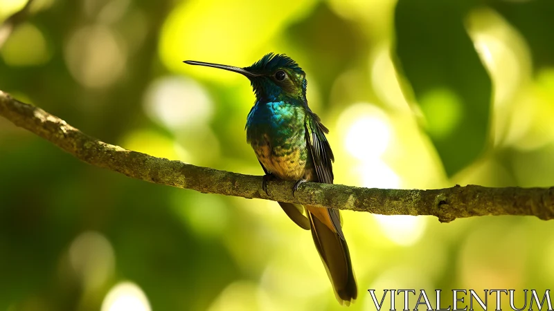 Vibrant Hummingbird Perched on Sunlit Branch, Nature Photography.