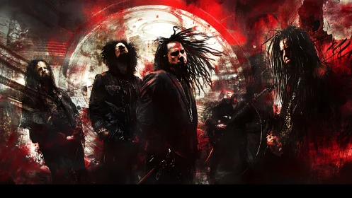 Industrial metal band silhouettes merge with red vortex